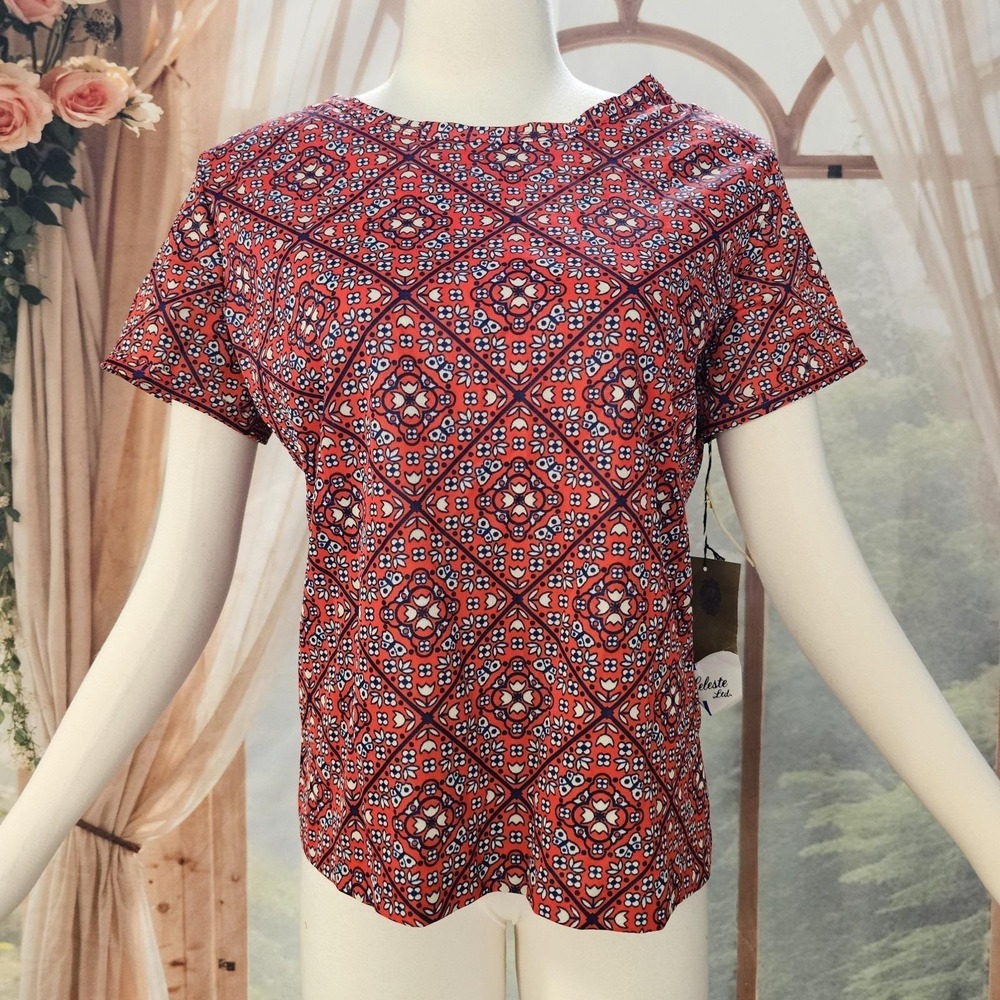 Vintage DEADSTOCK 1970s Blouse Scarf Set Red Blue Pattern Jean Celeste Ltd. - Picture 4 of 12